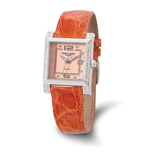 Ladies, Charles Hubert, Diamond And Leather Band, Peach Watch