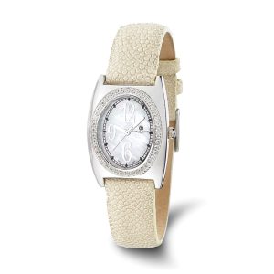 Ladies, Charles Hubert, White Leather Textured Band, Diamond Watch