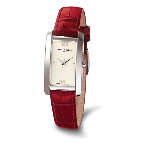 Ladies Red Leather Band, Champagne Dial Retro Watch by Charles Hubert