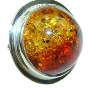 Large Authentic Baltic Amber .925 Sterling Silver handcrafted ring; s. 8 adjustable