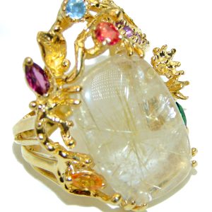 Large Best quality Golden Rutilated Quartz 14K Gold over .925 Sterling Silver handcrafted Ring Size 9