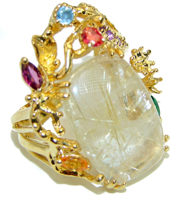 Large Best quality Golden Rutilated Quartz 14K Gold over .925 Sterling Silver handcrafted Ring Size 9