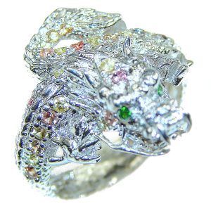 Large Dragon multicolor Sapphire . 925 Sterling Silver Ring s. 11