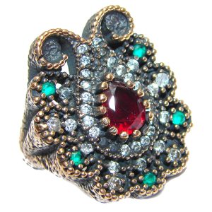 Large Victorian Style created Ruby & White Topaz Sterling Silver ring; s. 5 1/4