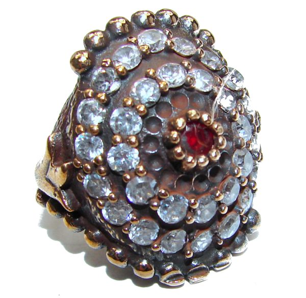 Large Victorian Style created Ruby & White Topaz Sterling Silver ring; s. 5 3/4