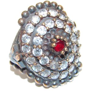 Large Victorian Style created Ruby & White Topaz Sterling Silver ring; s. 6 1/2