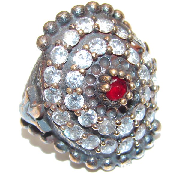 Large Victorian Style created Ruby & White Topaz Sterling Silver ring; s. 6 1/2