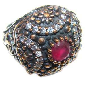 Large Victorian Style created Ruby & White Topaz Sterling Silver ring; s. 6 1/2