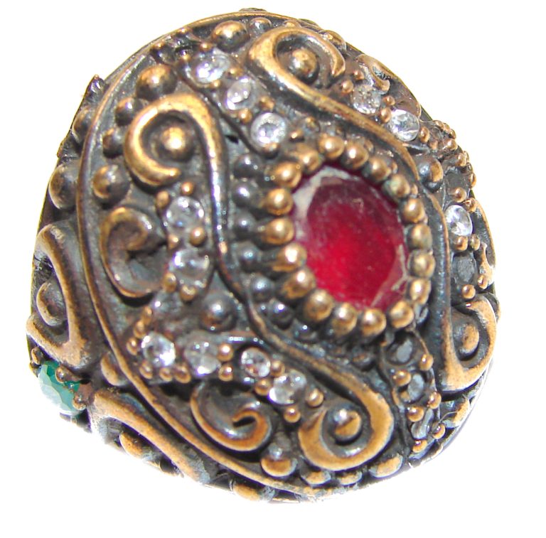 Large Victorian Style created Ruby & White Topaz Sterling Silver ring; s. 6