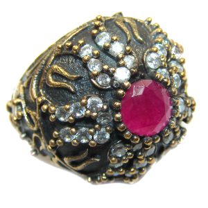 Large Victorian Style created Ruby & White Topaz Sterling Silver ring; s. 6