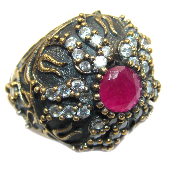 Large Victorian Style created Ruby & White Topaz Sterling Silver ring; s. 6