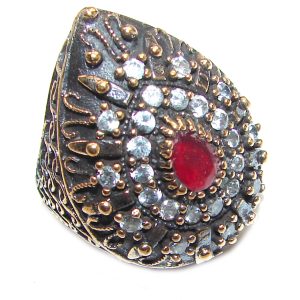 Large Victorian Style created Ruby & White Topaz Sterling Silver ring; s. 6