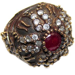 Large Victorian Style created Ruby & White Topaz Sterling Silver ring; s. 6 3/4