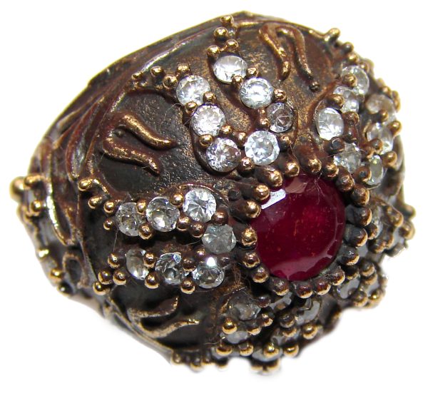 Large Victorian Style created Ruby & White Topaz Sterling Silver ring; s. 6 3/4