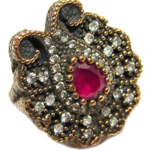 Large Victorian Style created Ruby & White Topaz Sterling Silver ring; s. 6 3/4