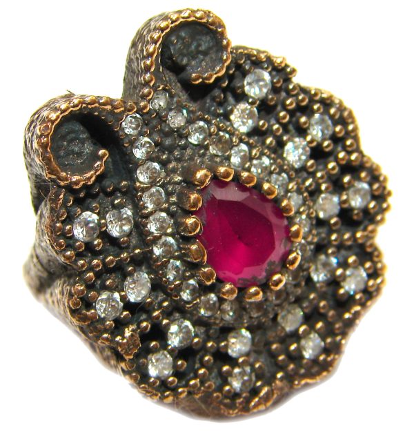 Large Victorian Style created Ruby & White Topaz Sterling Silver ring; s. 6 3/4