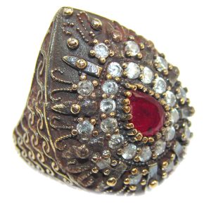 Large Victorian Style created Ruby & White Topaz Sterling Silver ring; s. 6