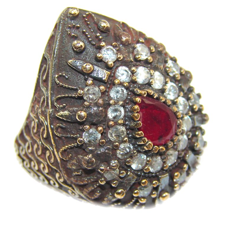 Large Victorian Style created Ruby & White Topaz Sterling Silver ring; s. 6