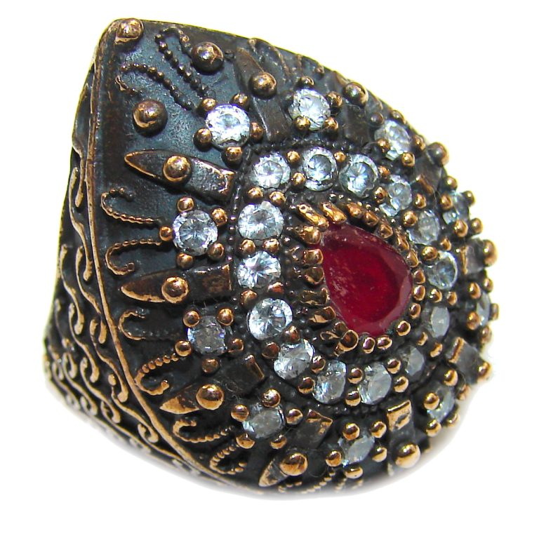 Large Victorian Style created Ruby & White Topaz Sterling Silver ring; s. 6