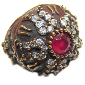 Large Victorian Style created Ruby & White Topaz Sterling Silver ring; s. 6