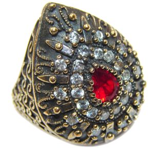 Large Victorian Style created Ruby & White Topaz Sterling Silver ring; s. 7