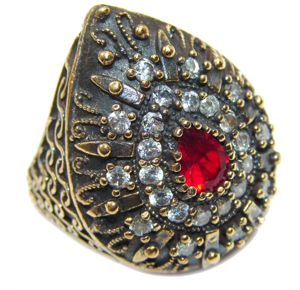 Large Victorian Style created Ruby & White Topaz Sterling Silver ring; s. 7