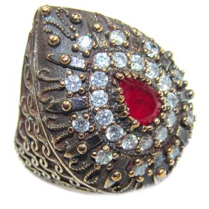 Large Victorian Style created Ruby & White Topaz Sterling Silver ring; s. 7