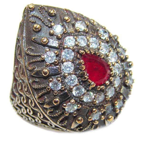 Large Victorian Style created Ruby & White Topaz Sterling Silver ring; s. 7