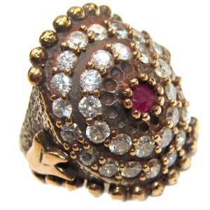 Large Victorian Style created Ruby & White Topaz Sterling Silver ring; s. 7