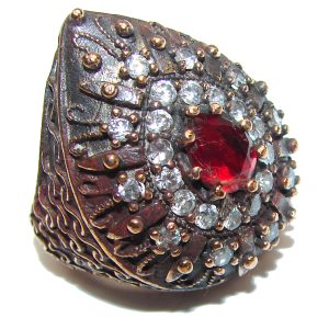 Large Victorian Style created Ruby & White Topaz Sterling Silver ring; s. 7