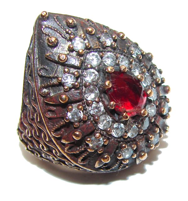 Large Victorian Style created Ruby & White Topaz Sterling Silver ring; s. 7