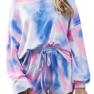 Long Sleeve Tie Dye Tee And Shorts Pajamas Loungewear Set