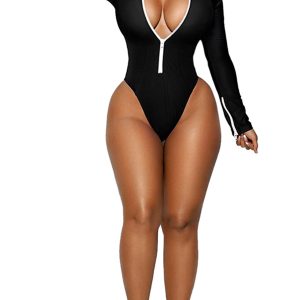 Long Sleeve Zipper Front High Cut One Piece Swimsuit Black