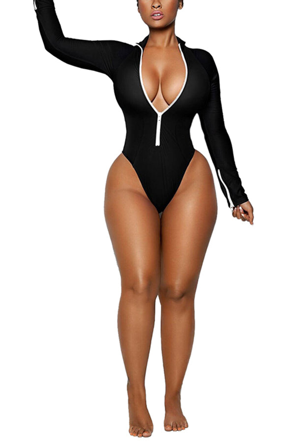 Long Sleeve Zipper Front High Cut One Piece Swimsuit Black