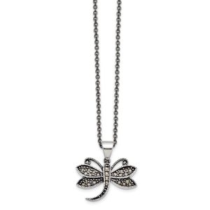 Marcasite Dragonfly Necklace in Antiqued Stainless Steel, 18 Inch