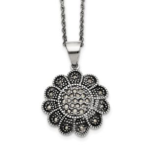 Marcasite Flower Necklace in Antiqued Stainless Steel, 20 Inch