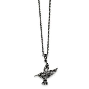 Marcasite Hummingbird Necklace in Antiqued Stainless Steel, 18 Inch