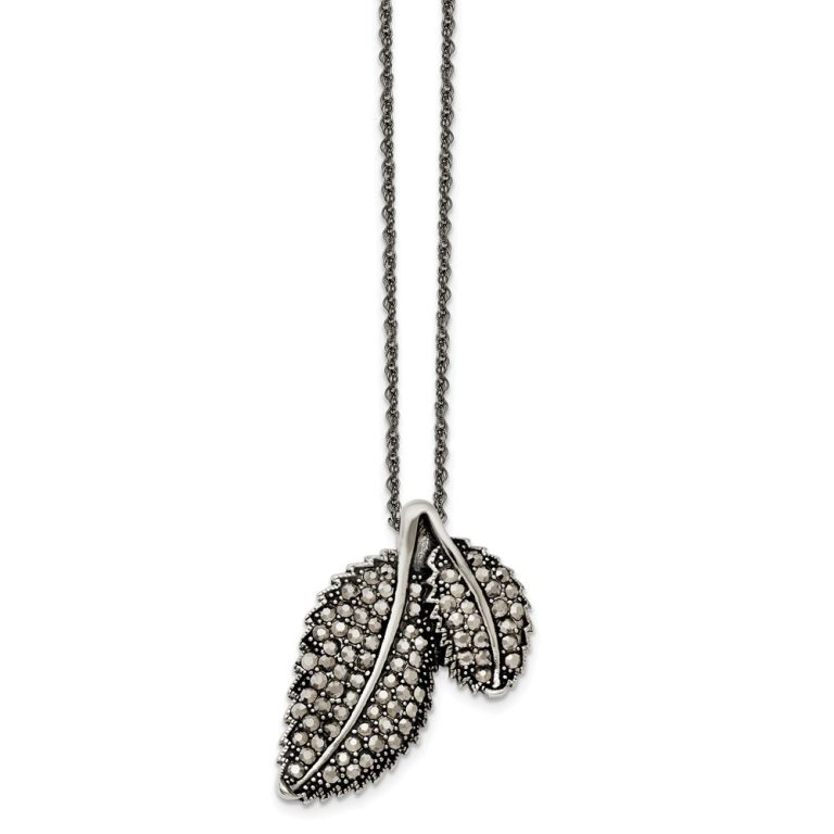 Marcasite Leaf Necklace in Antiqued Stainless Steel, 20 Inch