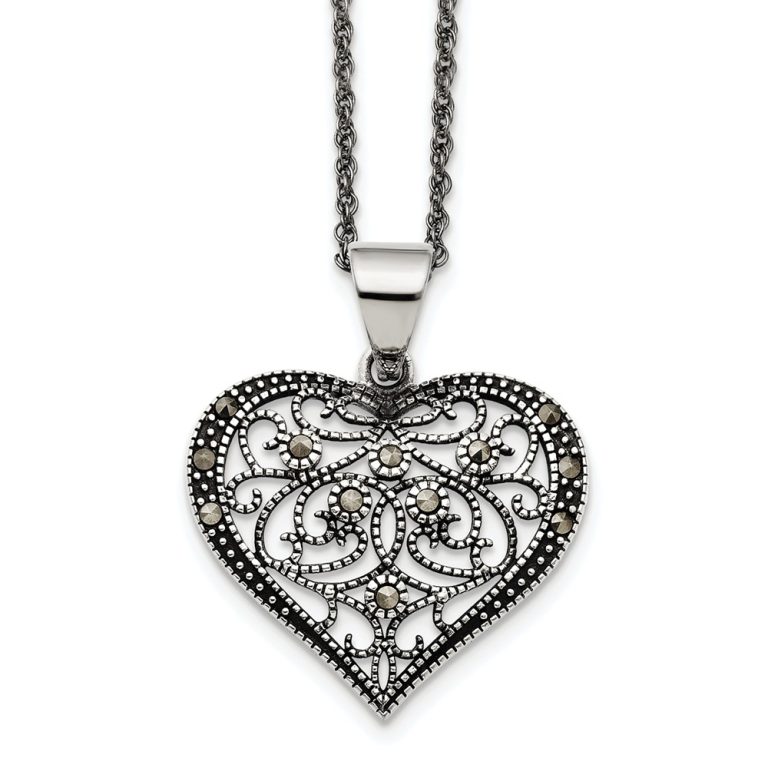 Marcasite Scroll Heart Necklace in Antiqued Stainless Steel, 20 Inch