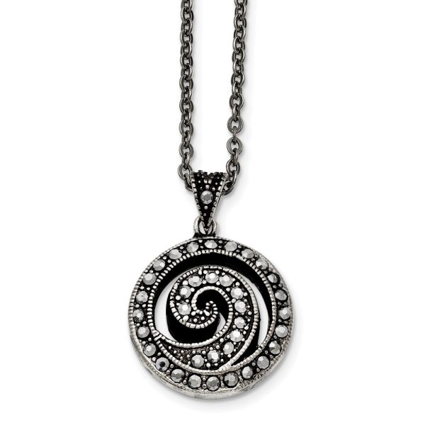 Marcasite Swirl Round Necklace in Antiqued Stainless Steel, 18 Inch