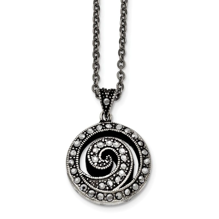 Marcasite Swirl Round Necklace in Antiqued Stainless Steel, 18 Inch