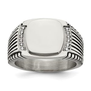 Mens 12mm Stainless Steel & CZ Polished/Antiqued Tapered Ring, Size 9