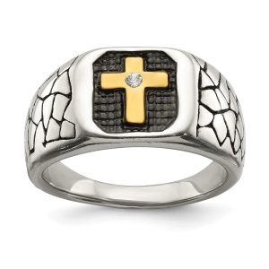 Mens 13mm Stainless Steel Gold Tone Plated CZ Cross Tapered Ring Sz 9