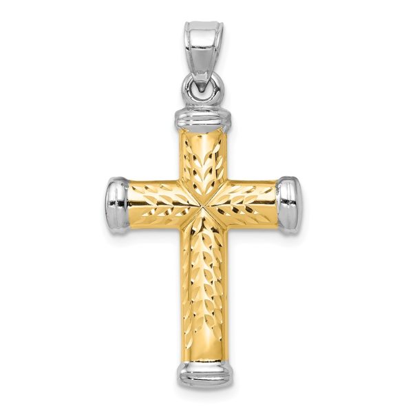 Men's 14k Yellow Gold & Rhodium Hollow 3D Cross Pendant, 18 x 33mm