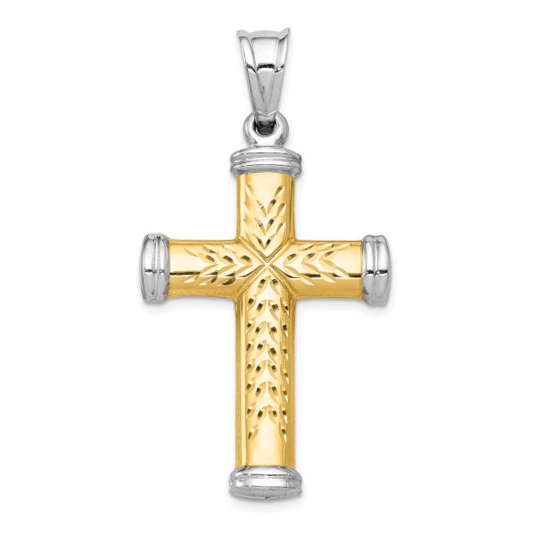 Men's 14k Yellow Gold & Rhodium Hollow 3D Cross Pendant, 25 x 48mm