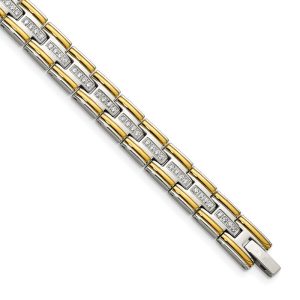 Mens 8mm Stainless Steel, Gold-Tone Plated & CZ Link Bracelet, 8.5 In