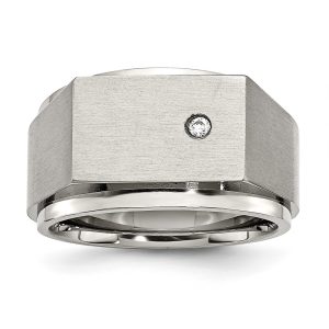 Men's Stainless Steel CZ Brushed/Polished Signet Tapered Ring, Size 9