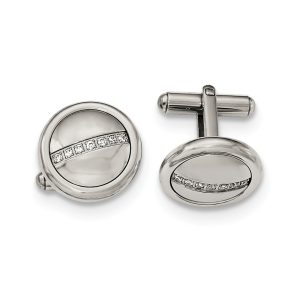 Men's Stainless Steel & CZ 18mm Polished Round Cuff Links