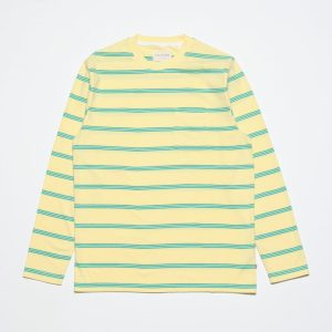 Merchant Archive - Long Sleeve Pocket T-Shirt - Dried Moss Yellow Breton Stripe