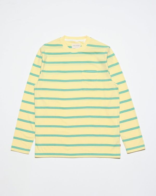 Merchant Archive - Long Sleeve Pocket T-Shirt - Dried Moss Yellow Breton Stripe